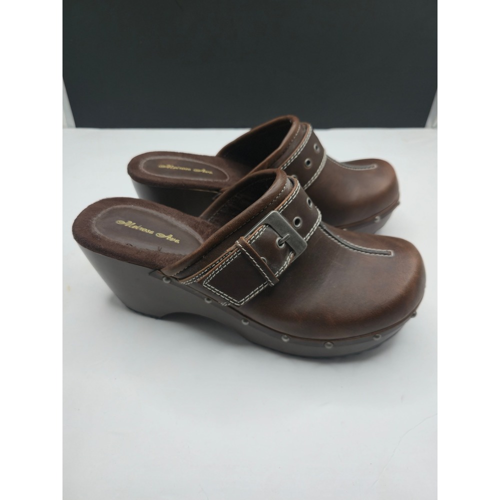 Melrose Ave Clogs Caitlyn Wedge Mules Size 9 Brown Buckle Studded Vintage 70s